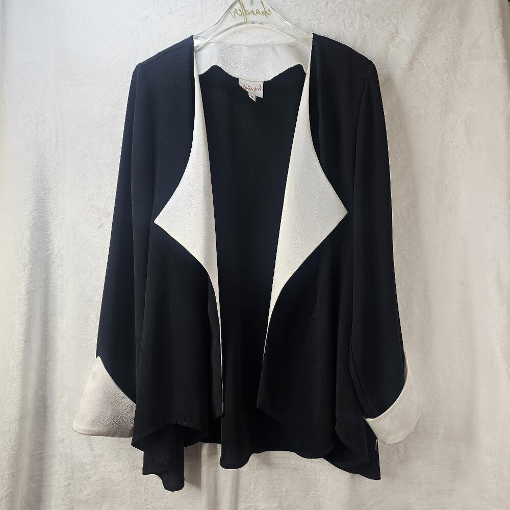 Vintage Siasia Black White Woman's  Size 12 Dress Jacket Suit Open Front